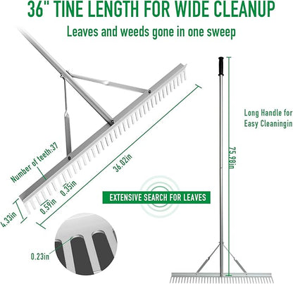 36" Head Aluminum Garden Rake,76 inch Long Handle with 37 tines,Landscape Metal Rake for Lawns,Loosening Soil,Weeding Lake