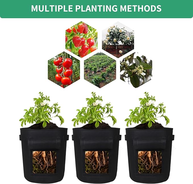 5-Pack 7 Gallon Grow Bags with Harvest Window 300g Thickened Nonwoven Fabric Heavy Duty Plant Pots Easy for Vegetables, Potato, Tomatoes Carrots Gardening Containers with Handles Black