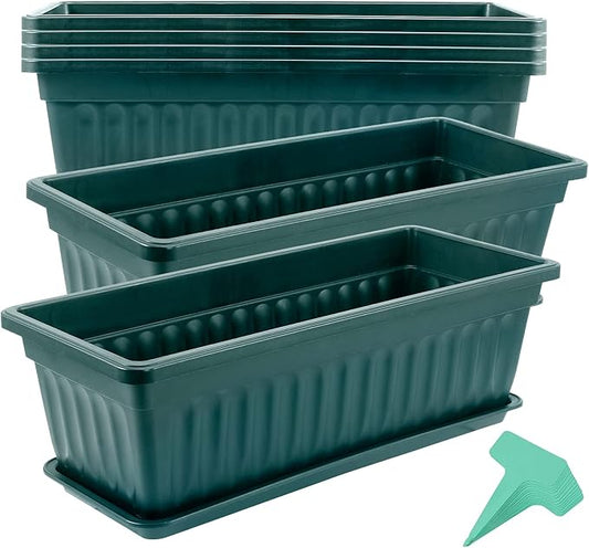 JOIKIT 6 Packs 17 x 7.5 x 5.5 Inch Plastic Window Planter Boxes with Trays, Plastic Vegetable Planter with 30 Plant Label, Countryside Flower Box Pot for Garden Windowsill Patio Balcony, Dark Green