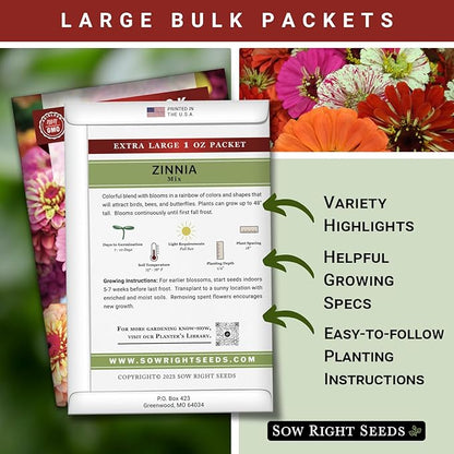 Sow Right Seeds - Bulk Mixed Zinnia Seeds for Planting - 1 Ounce, 4300 Seeds - Non-GMO Heirloom Jumbo Pack to Grow in Your Flower Garden - Abundant Amount of Beautiful Cut and Come Again Flowers