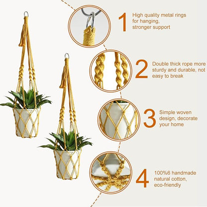 Artilady Boho Macrame Plant Hangers - Handmade Hemp Rope Hanging Baskets for Plants with Ceiling Hooks, Bohemian Home Decor Wall Art (Ginger-Yellow-2pcs)
