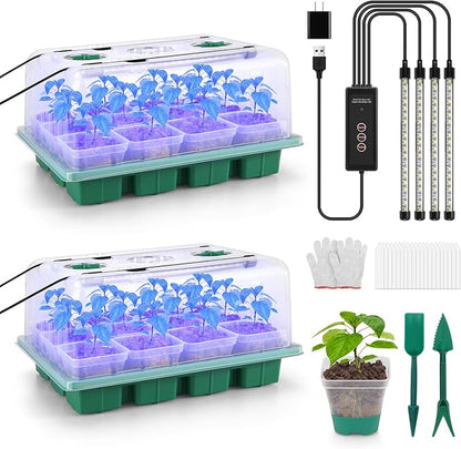 BlumWay Seed Starter Tray with Grow Light,24 Pack 2.9 inch Reuseable Clear Nursery Pots with Silicone Base/Humidity Dome for Deep-Rooted Seedlings,Adjustable Timed Light Plant Starter Set