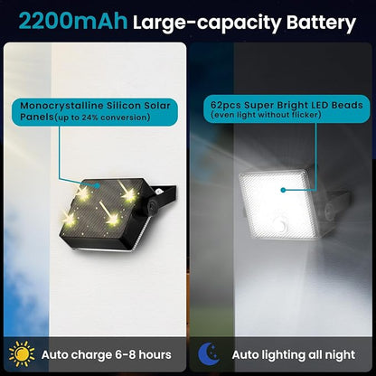 Light Sensor Auto Flip Solar Motion Sensor Outdoor Lights 2200mAh, 1500LM LED Wireless Solar Security Flood Lights Outdoor Waterproof IP65 No Flicker for Outside Yard Patio Fence, 2 Pack