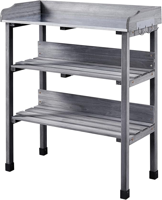 Topeakmart Fir Wood Potting Bench W/Storage Shelf W/Metal Tabletop W/Hook 3 Shelves Potting Table for Outdoor Garden Work Bench Gray