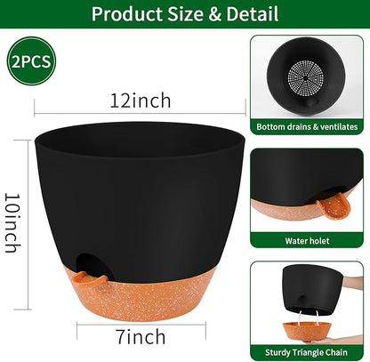 GARDIFE 12 inch planters, Plant Pots,Self Watering Pots, 2 Pack Large Plastic Flower pots with Deep Reservior and High Drainage Holes for Indoor Outdoor Plants and Flowers, Black