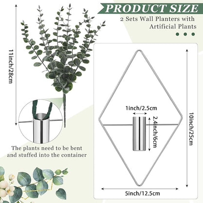 Jexine 8 Pcs Hanging Planters with Artificial Eucalyptus Metal Hanging Vase Indoor Plants Holder Modern Geometric Boho Bathroom Wall Decor for Living Room Home Office (Eucalyptus,Chrome Sliver)