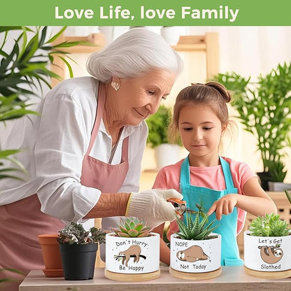 3 Pcs Sloth Ceramic Plant Pots,Funny Planter Gifts for Women,for Indoor Plants Garden Planters Succulent Pots, with Drainage Holes and Saucer(No Plants) (Sloth)