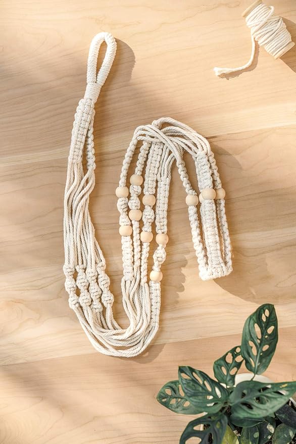 Mkono 43 Inch Macrame Plant Hanger and Ceiling Hooks, Extra Long Hanging Plant Holder No Tassels Hanging Planter Basket with Wood Beads for Indoor Outdoor Boho Home Decor, Ivory