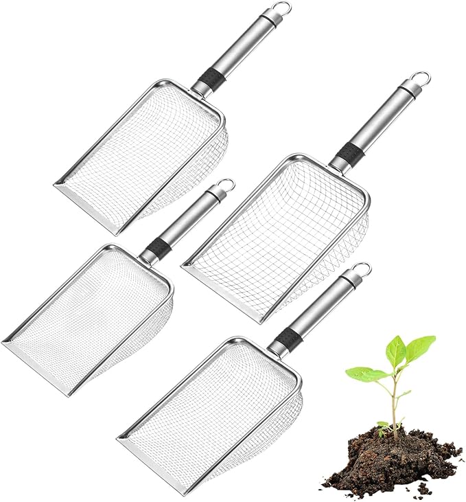 4-Pack Gardening Soil Sifter, 2.5/3.3/4/6 mm Mesh Stainless Steel Sand Soil Compost Sieve with Stainless Steel Handle for Sand/Dirt/Rock Compost [Silver Tone]