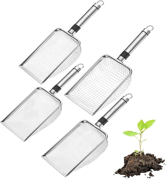 4-Pack Gardening Soil Sifter, 2.5/3.3/4/6 mm Mesh Stainless Steel Sand Soil Compost Sieve with Stainless Steel Handle for Sand/Dirt/Rock Compost [Silver Tone]