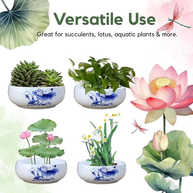 Lotus Bowl Planter, Ceramic Water Lily Bowl, Hydroponic Bonsai Lotus Bowls for Water Plants Indoor, Succulent Pots, Leak-Proof Design (7.68in*2.95in)