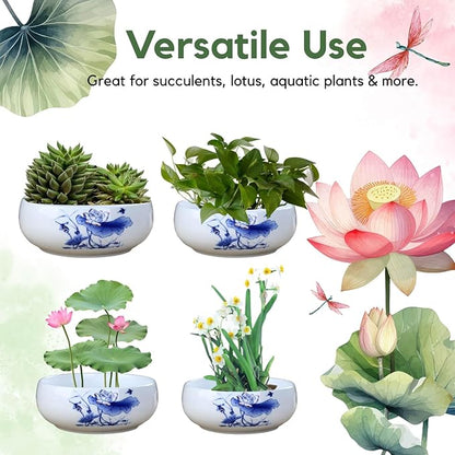 Lotus Bowl Planter, Ceramic Water Lily Bowl, Hydroponic Bonsai Lotus Bowls for Water Plants Indoor, Succulent Pots, Leak-Proof Design (7.68in*2.95in)