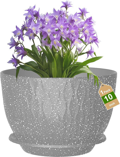 10 inch Large Plant Pots, Flower Pots with Multi-Mesh Drainage Holes and Saucer, Plastic Planters for Indoor and Outdoor Garden Plants (Speckled Grey, 10")