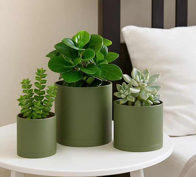D'vine Dev 4 Inch 5 Inch 6 Inch, Set of 3 Plastic Planter Pots for Plants with Drainage Hole and Seamless Saucers, Olive, Small, 74-V-I-1