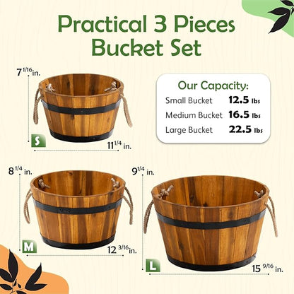 Set of 3 Wooden Flower Boxes Outdoor, Durable Acacia Wood Barrel Planters for Outdoor Plants with Ergonomic Handles, Drainage Holes, Multiple Sizes Wood Bucket Planter for Home Décor