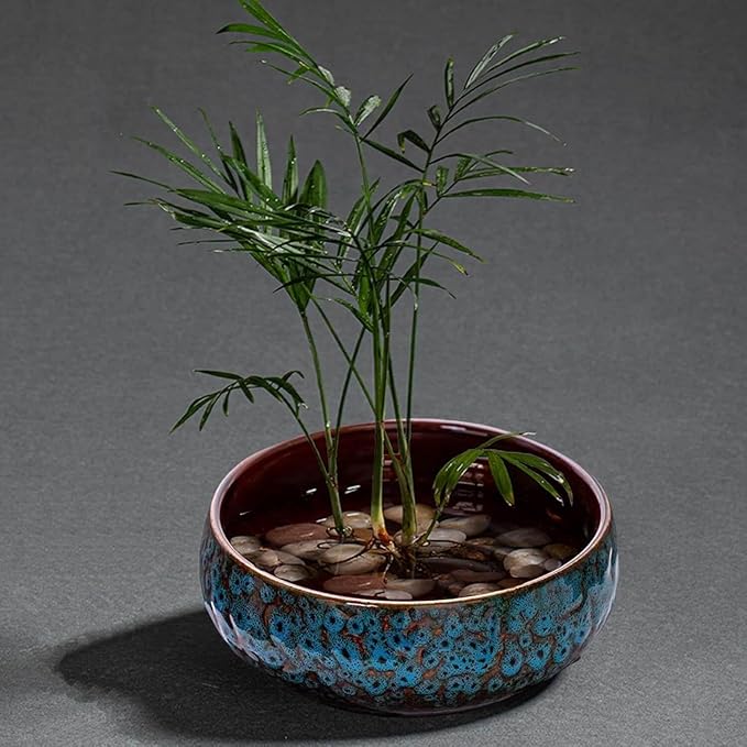 Ceramic Lotus Bowl Planter, Lotus Pots for Water Plants Indoor, Large Caliber Flow Glaze Non-Porous Hydroponic Container, Succulent Pots, Leak-Proof Design (Green Peacock Pattern) 6.6in*2.7in