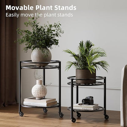 2 Tier Rolling Plant Stand with Wheels, Mid Century Modern Metal Stand for Planters, 2 Sizes 9 Inch & 11 Inch, Indoor Outdoor Movable Flower Pot Holder for Decor Home Garden Patio Load Bearing 165 LB 2 Pack Black