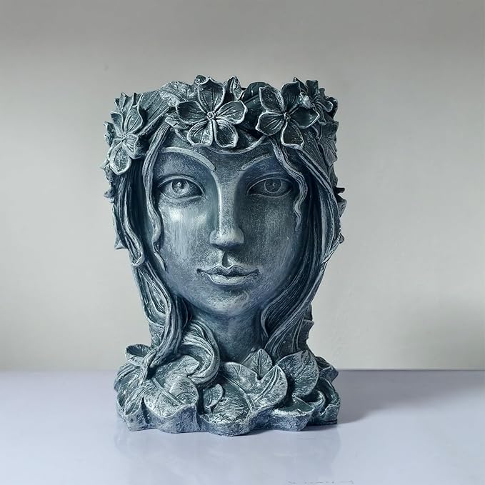 Face Flower Pot Head Planter with Drainage Hole - Cute Resin Goddess Face Planter for Indoor & Outdoor Use (Goddess Golden, Large)