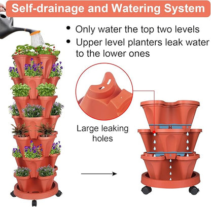 GameXcel Vertical Planter 7 Tier Stackable Planters Garden Planters Strawberry Herb Flower and Vegetable Planter Indoor Outdoor Gardening Pots with Removable Wheels and Tools