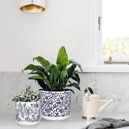 Set of 2 Blue and White Ceramic Plant Pots with Drainage Hole and Saucers, Retro Blue Porcelain Flowers Round Planters for Succulent Cactus Indoor Outdoor Garden Home Desktop Decor, 4.5+5.5 Inch
