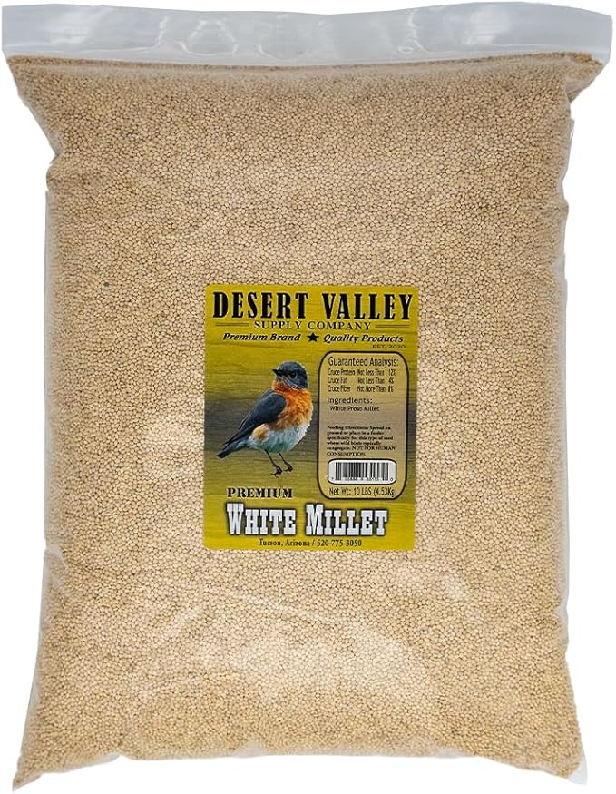 Desert Valley White Millet Seed, All Natural, Non-GMO Premium Wild Bird Food for Cardinals, Finch, Song Birds, Buntings and More (10 Pounds)
