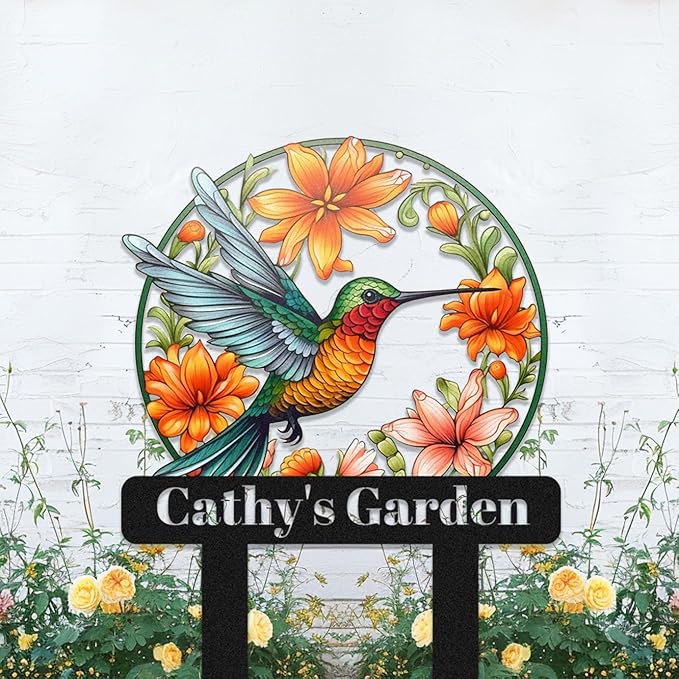 Personalized Hummingbird and Flowers Garden Sign - Customized Custom Colorful Flowers Bird Metal Garden Stake Outdoor Plaque - Lawn Yard Art Decor Sign With Stakes