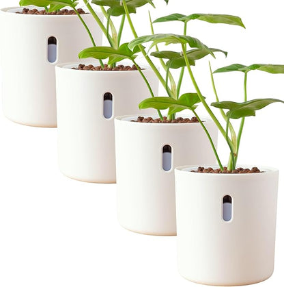 Self Watering Pot for Leca and Pon, Semi Hydroponic Planter for Indoor Plants, Clear Inner Pot & Water Level Indicator (White (4-Pack), 6 inch)