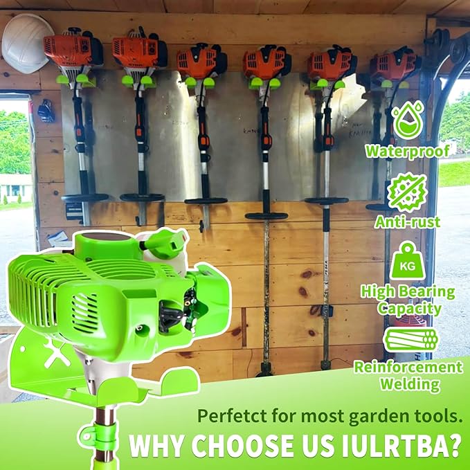 Upgraded Trimmer Rack Wall Mount - 8" Heavy Duty Weed Eater Hanger for Garage Wall Bracket, Garden Power Tool Holder Organizer Hooks for Grass Trimmer, Hedge Trimmer, Leaf Blower and Chainsaw, Green