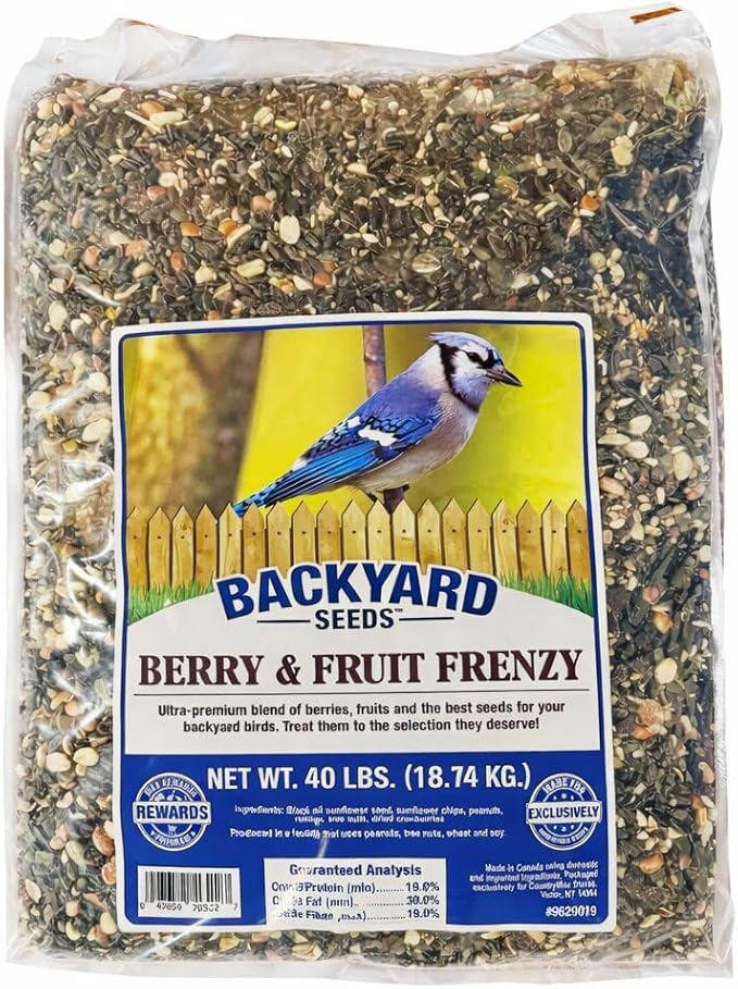 CountryMax Backyard Seeds Berries 'N Fruit Bird Seed Mix 40lbs - Premium Blend with Dried Fruit & Berries, Large Bag of Wild Bird Food