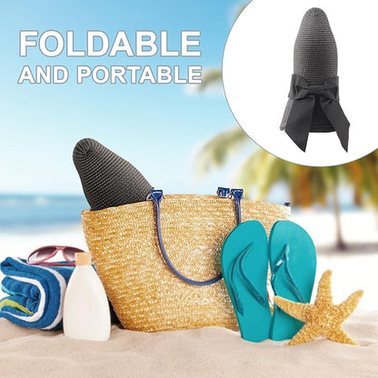 DRESHOW Sun Hats for Women Travel Fedora Foldable Beach Sun Hat Summer Wide Brim Straw Bucket Hat with Bowknot UPF 50+