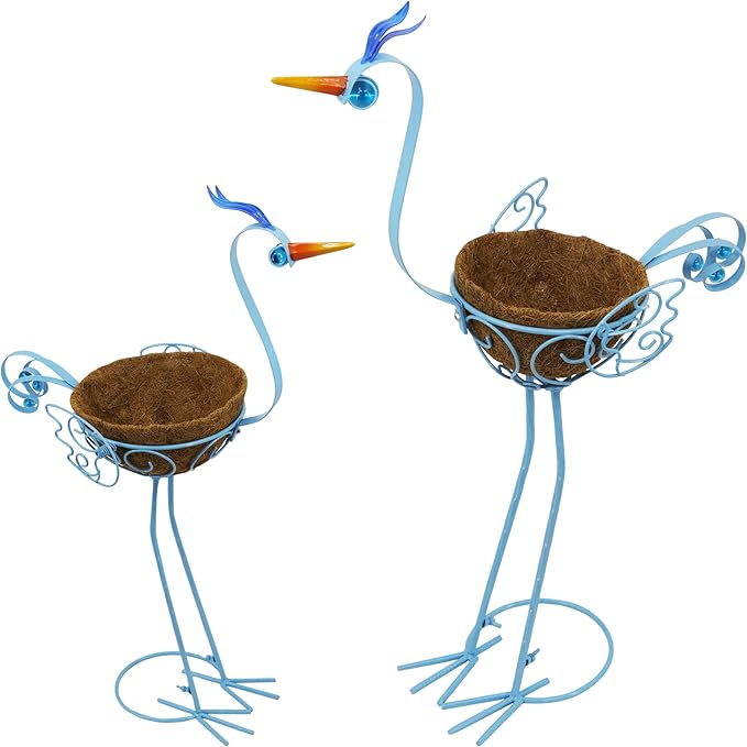 J-Fly 2 Sets Pelican Metal Flowers Plant Holders Stand with Coconut Pots, Plants Stand Indoor Flower Pots Outdoor, Room Home Living Room Front Outdoor Patio Decor, Gardening Valentine Decoration Gifts