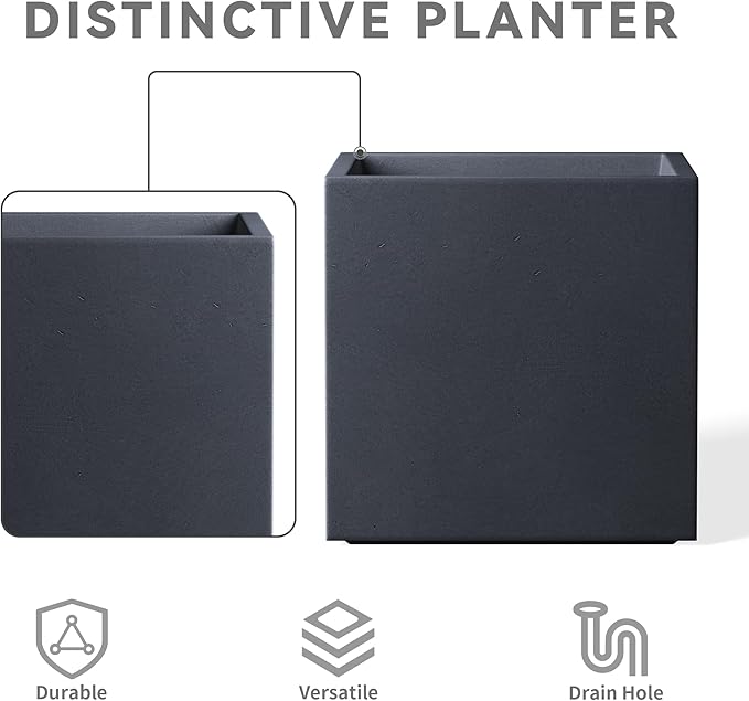 Kante 10 Inch Square Concrete Planter for Outdoor Indoor Home Patio Garden, Large Plant Pot with Drainage Hole and Rubber Plug, Charcoal