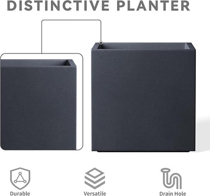 Kante 10 Inch Square Concrete Planter for Outdoor Indoor Home Patio Garden, Large Plant Pot with Drainage Hole and Rubber Plug, Charcoal