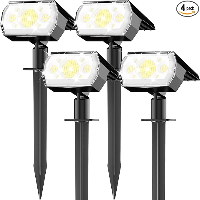 hyrion Solar Spot Lights Outdoor Waterproof, 64LED 3 Lighting Modes Dusk to Dawn Solar Powered Landscape Lights for Yard, Garden, Pathway, Tree - Cool White, 4 Pack