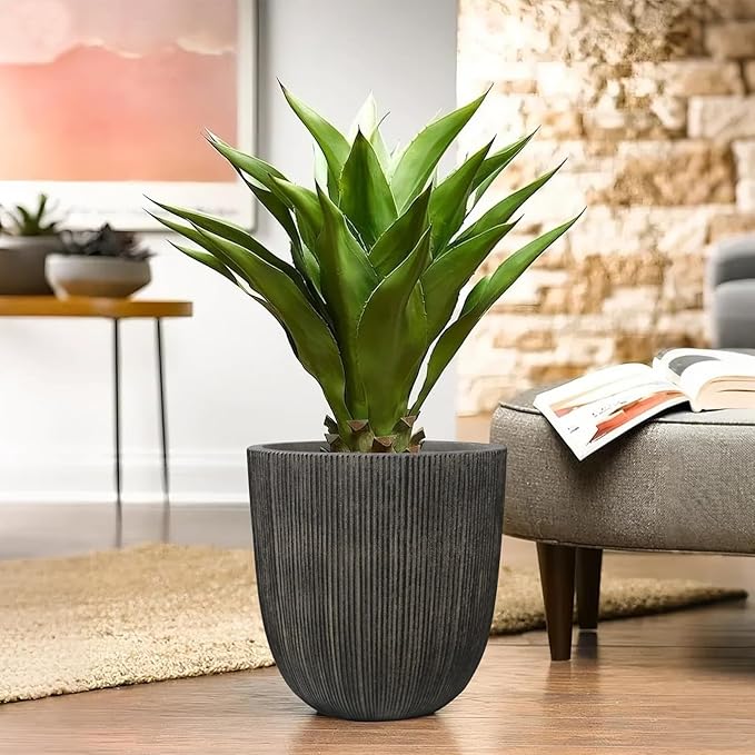 Vintage Black Cement-Look Ribbed Planter, 14.8"H Tall Tapered Egg-Shaped Plastic Plant Pot with Drainage Hole & Plug, Large Modern Indoor Outdoor Flower Pot for Home, Garden, Patio and Houseplants