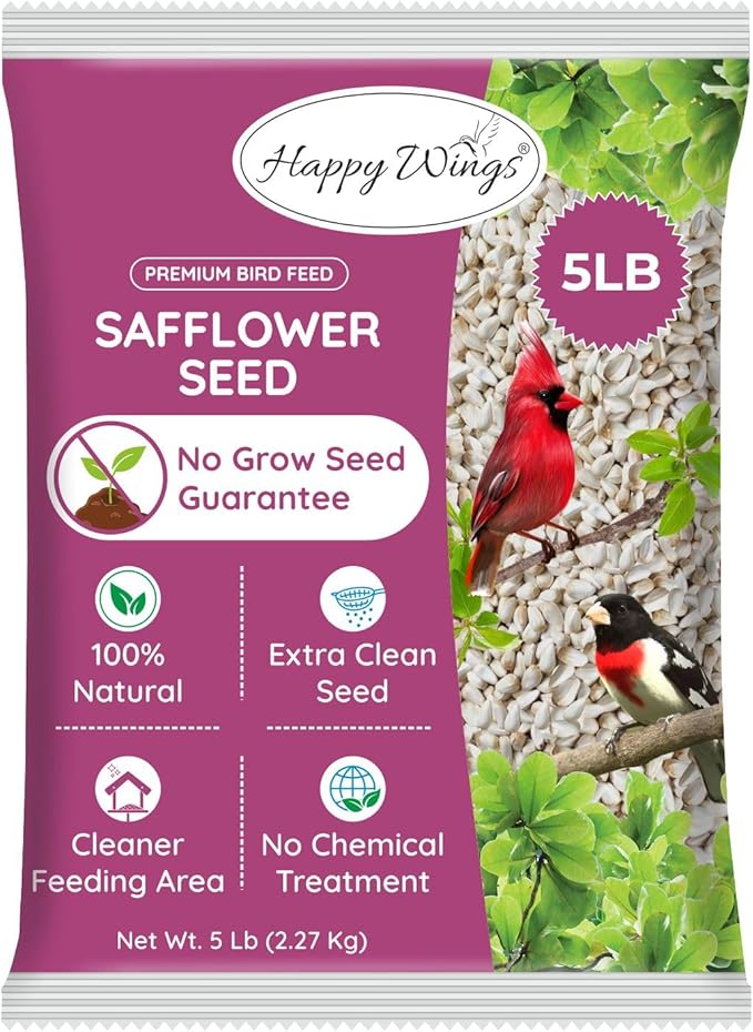 Happy Wings Safflower Seeds Wild Bird Food - 5 Pounds I No Grow Seed I Bird Seed for Wild Birds