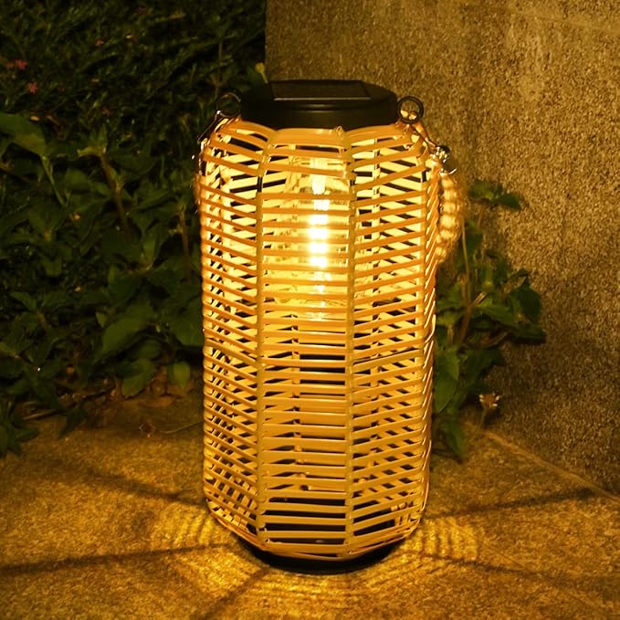 Livinlarge Solar Lantern Outdoor Hanging Lights, Rattan Lantern Waterproof with Twine Handle, Bright Solar Outdoor Lights with Edison Bulb for Garden Patio Yard Tabletop Decoration