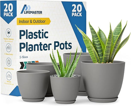 Planter Pots with Drainage Holes - Lightweight, Durable & Space-Saving Pots for Indoor and Outdoor - Versatile Functionality, Simple Modern Design, Set of 20 Plastic Planter Pots - Gray