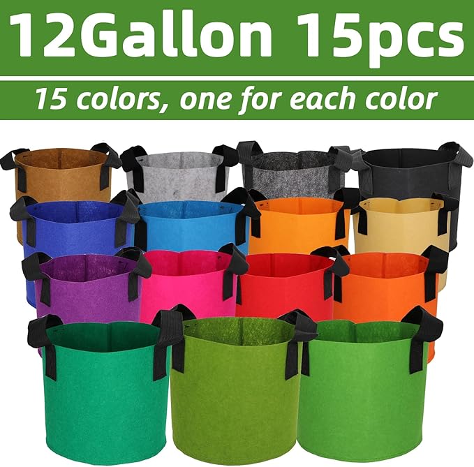 Grow Bags,Growing Pot Bags Garden Grow Bag Indoor Outdoor Fabric Aeration Plant Pot Container Flower Vegetable Pouch (Mixed 15colors,12Gallon)