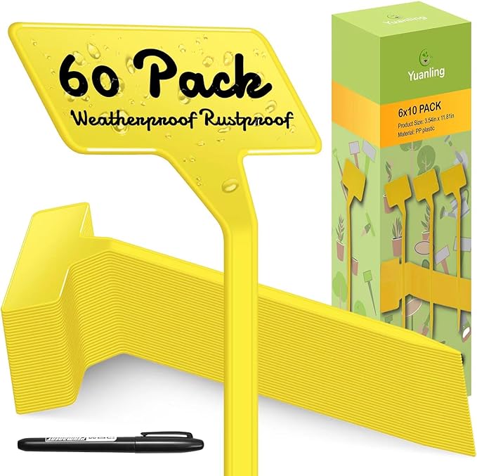 Plant Labels 60 Pcs Yuanling Large 11.8 Inch Plant Markers Signs Plastic Waterproof Garden Label Stakes T-Type Plant Garden Tags with Marker Pen for Flower Herb Pot Plant (Yellow)