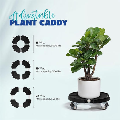 Idzo Heavy Duty Trolley Planter Caddy with Wheels 440lbs Capacity, Plant Pots Indoor and Out Door, Adjustable 15-21 in, Black