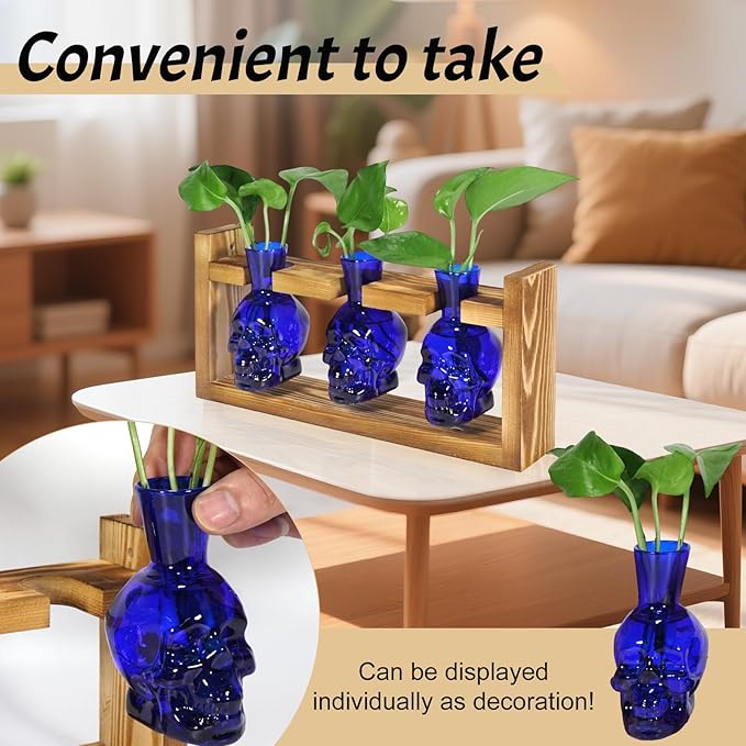 Plant Propagation Stations Hydroponics Halloween Decorations Skull Planter Vase Skulls Home Decor with Wooden Stand Gift(Blue)