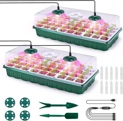 2 Packs Seed Starter Tray with Grow Lights, 72 Cells Silicone Seed Starter Kits with Humidity Dome, 3 Lights for Seed Starting, 4 Timing Set, 8 Full Spectrum Germination Kit for Plant Seeds