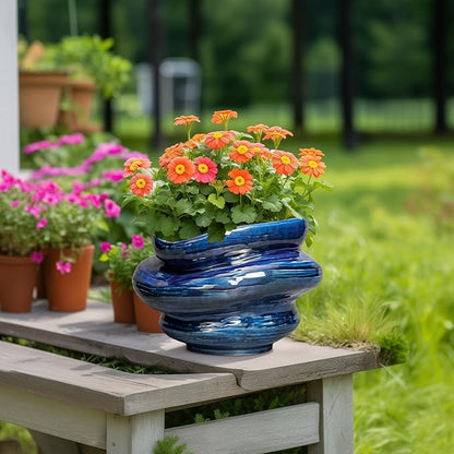 Ceramic Pots for Plants - 10.6 Inch Ceramic Planter with Drainage Hole, Decorative Planters for Indoor Outdoor, Unique Flower Pots, Garden Office House Decor, Birthday Housewarming Gifts, Blue