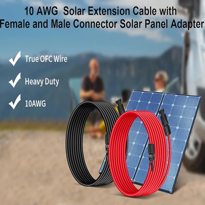 10AWG (6mm²) Solar Panel Extension Cable 30FT - Black & Red, Heavy Duty, Weather Resistant, Standard Solar Connectors Solar Extension Cable for Solar Power Systems, RVs, Boats