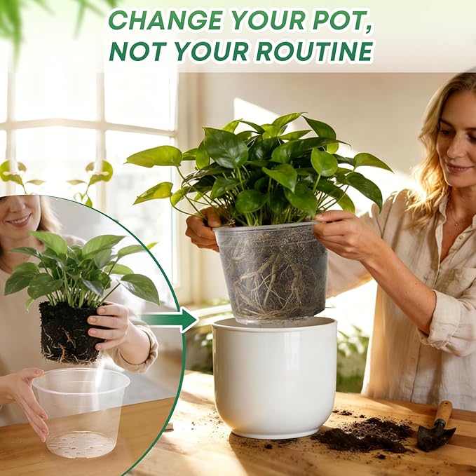5 Pack 10 Inch Large Clear Nursery Pots with Drainage Hole, Plastic Plant Pots for Seedlings Flowers Vegetablesb, Indoor Outdoor Gardening (10 inch)