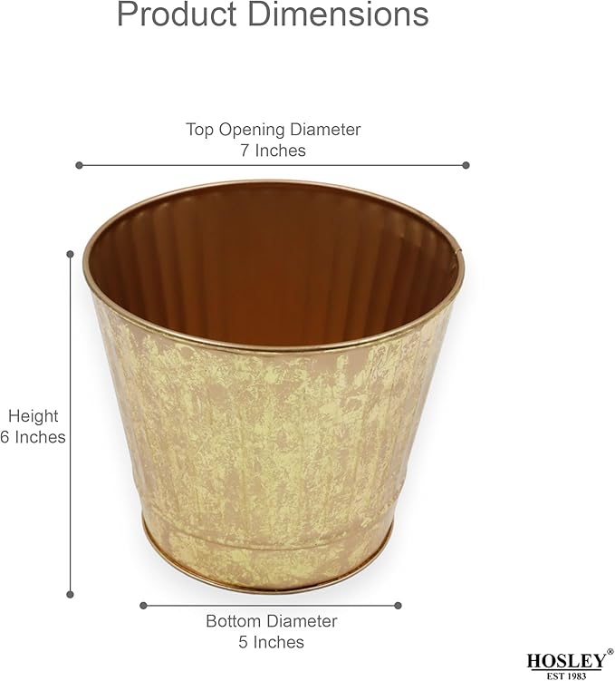 Hosley Metal Planters Pack of 2, Ideal Farmhouse Decor for Floral Arrangements Weddings, Gift Special Events Parties Outdoor Planters Gold 7" Dia x 6" H
