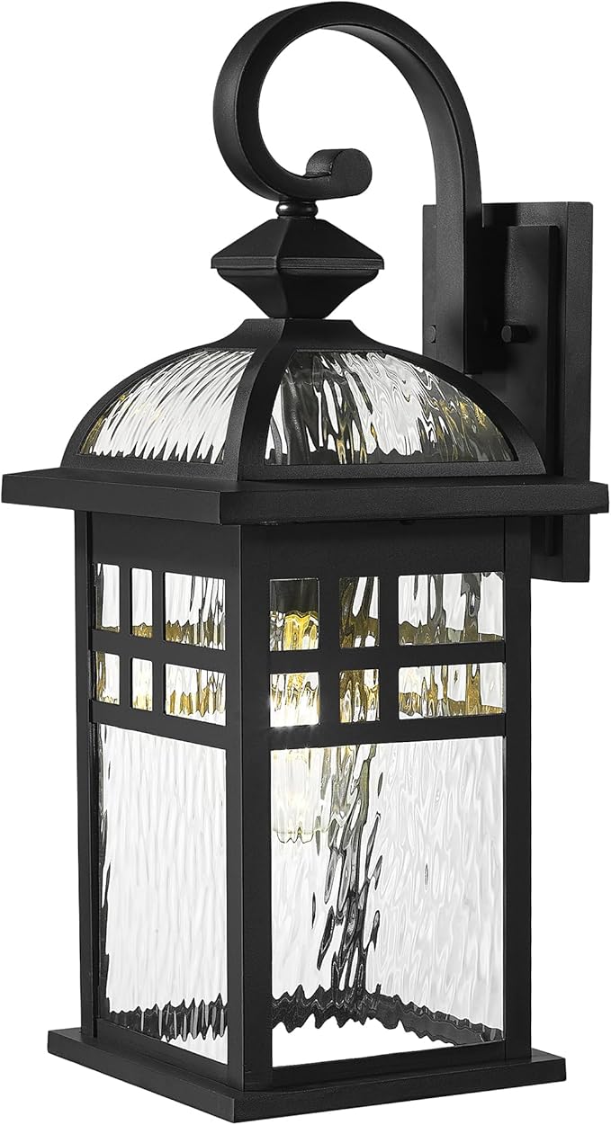 Emliviar Black Exterior Lighting Fixture, 22 Inch Farmhouse Outside Lights for House with Water Ripple Glass, DE281B-M BK-WP