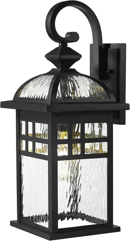 Emliviar Black Exterior Lighting Fixture, 22 Inch Farmhouse Outside Lights for House with Water Ripple Glass, DE281B-M BK-WP