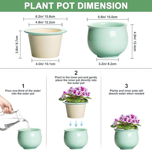 6 Inch African Violet Pots, Ceramic Self Watering Planter with Absorbent Inner Pot, Round Pots for Indoor Plants Outdoor, Ceramic Flower Pot, Office Decor, Plant Lover Gifts, Mint Green